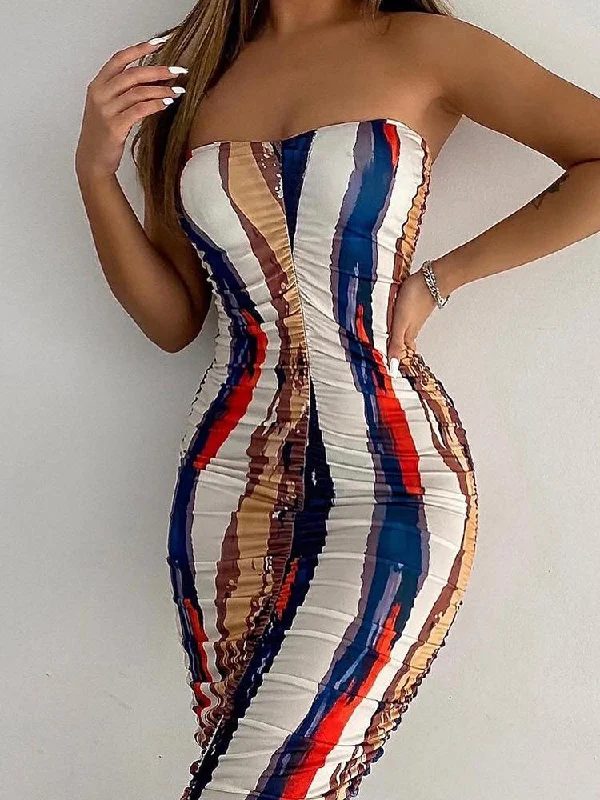 Casual Attire For Women Tube Top Slim Multicolor Printed Tight Dress