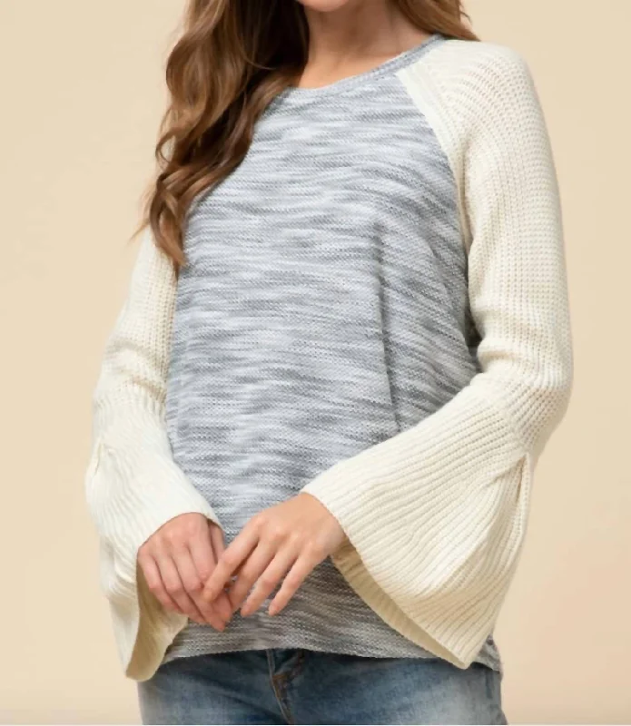 Women's Holiday Outfit Bell Sleeve Top Sweater In Blue & Cream