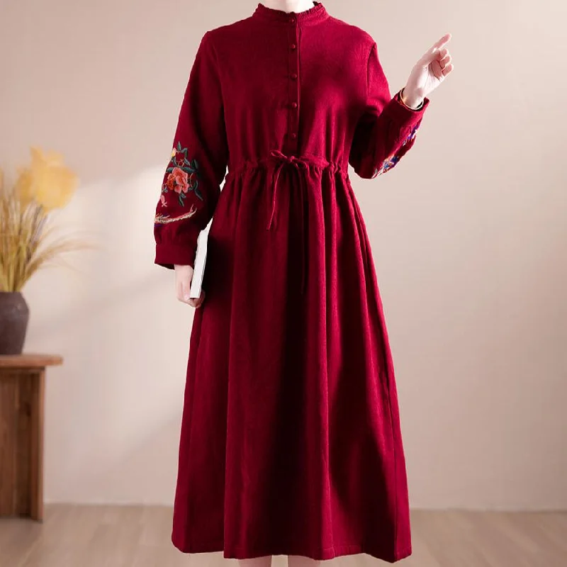 Women's Timeless Attire Women Winter Floral Embroidered Fleece-Lined Midi Dress