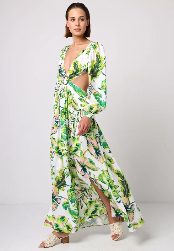 Women's Comfy Loungewear Outfit Cut Out Open Back Maxi Dress With Golden Buckle In Tropical Print