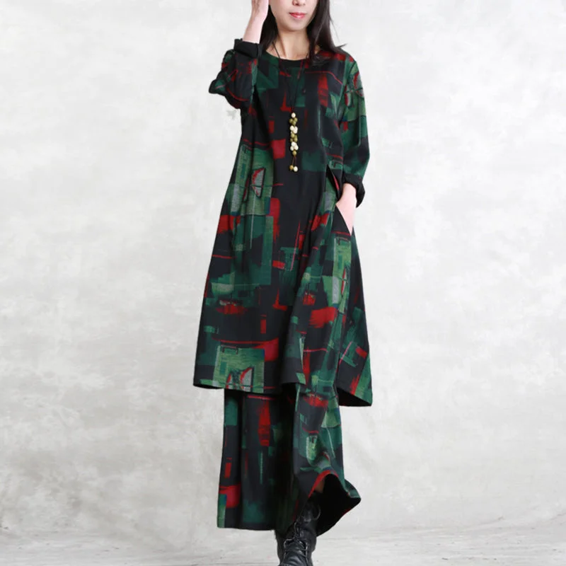 Fashionable Women's Outfit vintage floral cotton blended two pieces caftans Loose fitting o neck pockets gown 2018 long sleeve side open tops elastic waist trouse