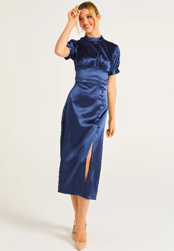 Women's Luxury Attire Puff Sleeve Midi Dress With Leg Slit In Navy