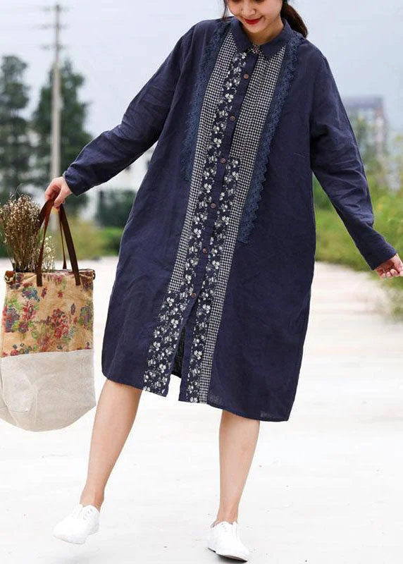 Women's Stylish Vacation Attire Handmade linen Robes Fashion Retro Blue Splice Turn-down Collar Linen Dress