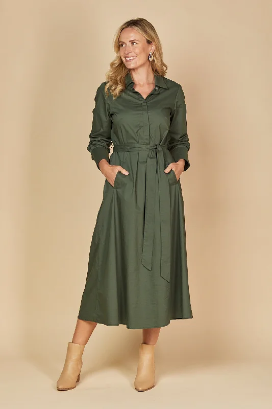 Women's Stylish Vacation Attire Kelly Poplin Dress in Bottle Green