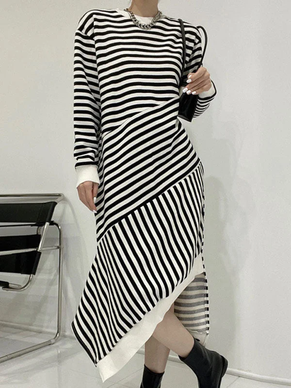 Women's Casual Attire Irregular Split Long Sleeve Striped Maxi Dress