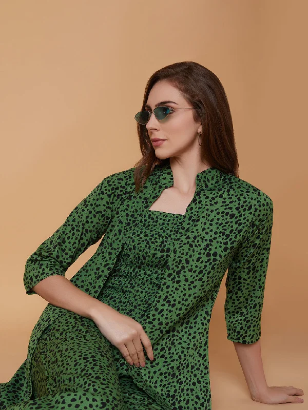 Women's Vintage Garments Women Printed Green Basic Jumpsuit with Shrug-AE-16028-Green