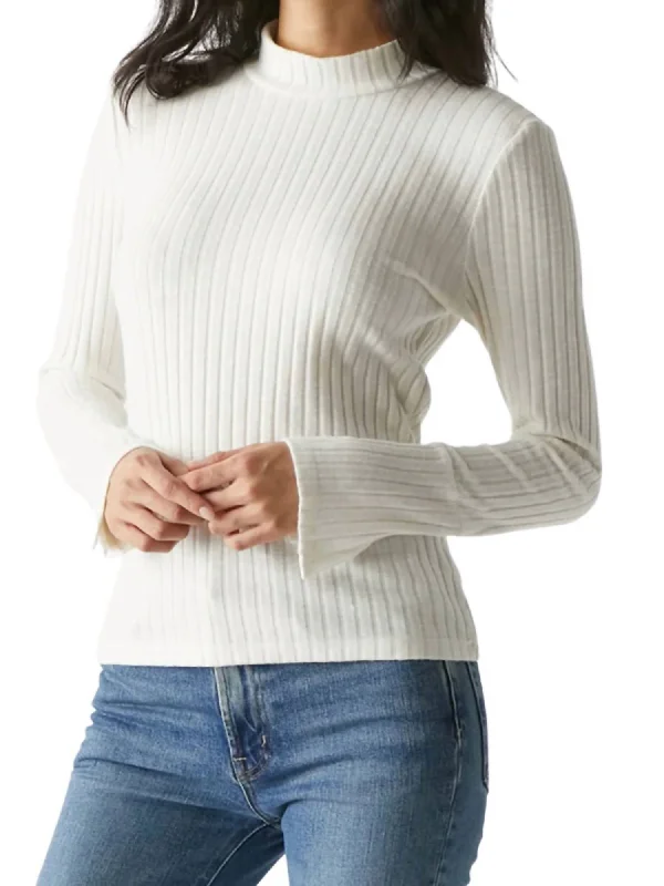 Stylish Women's Garments For Holidays Opal Button Cuff Long Sleeve Ribbed Turtleneck Top In Chalk