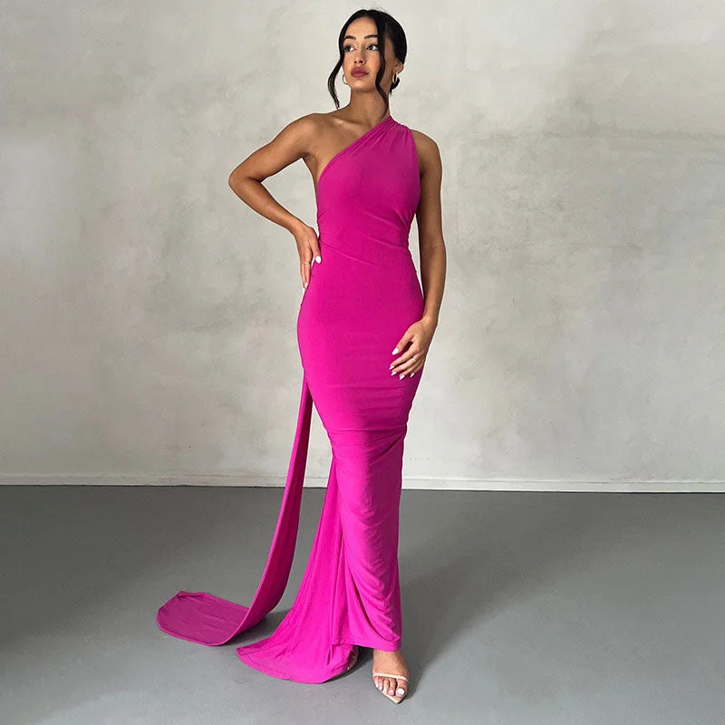 Women's Vacation Attire Solid Color One Shoulder Ruched Evening Maxi Dress - Hot Pink