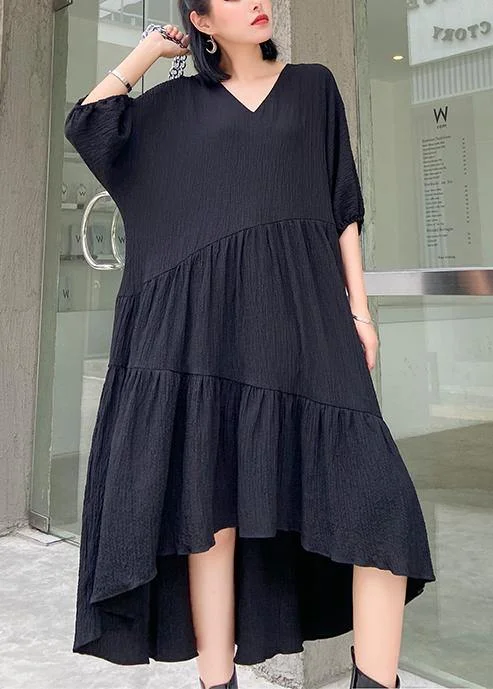 Modern Women's Attire Women v neck low high design cotton summer black Kaftan Dress