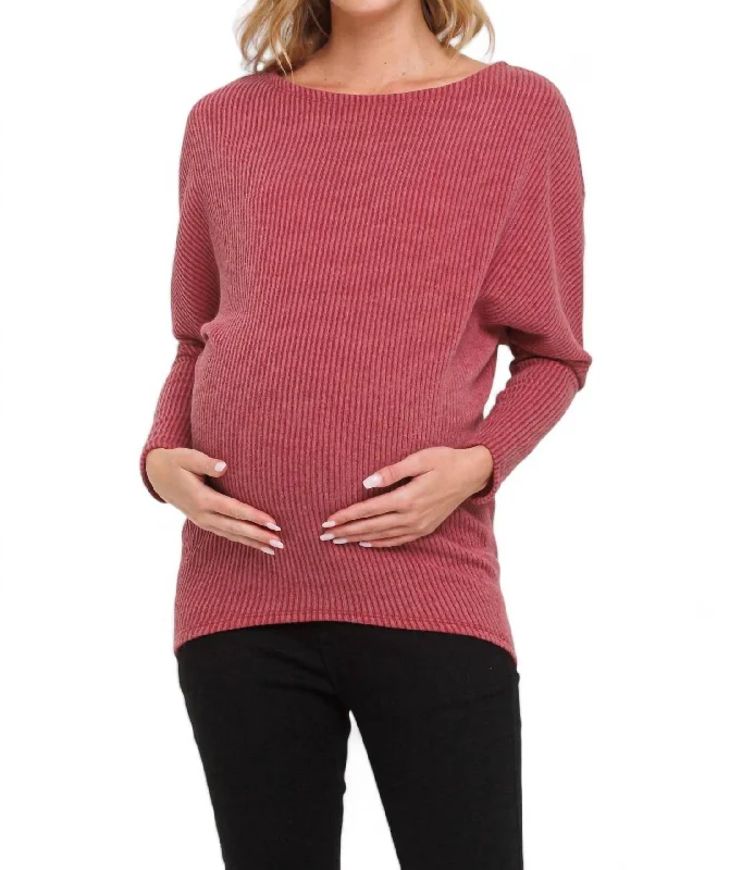 Women's Evening Garments Rib Knit Boat Neck Maternity Top In Red