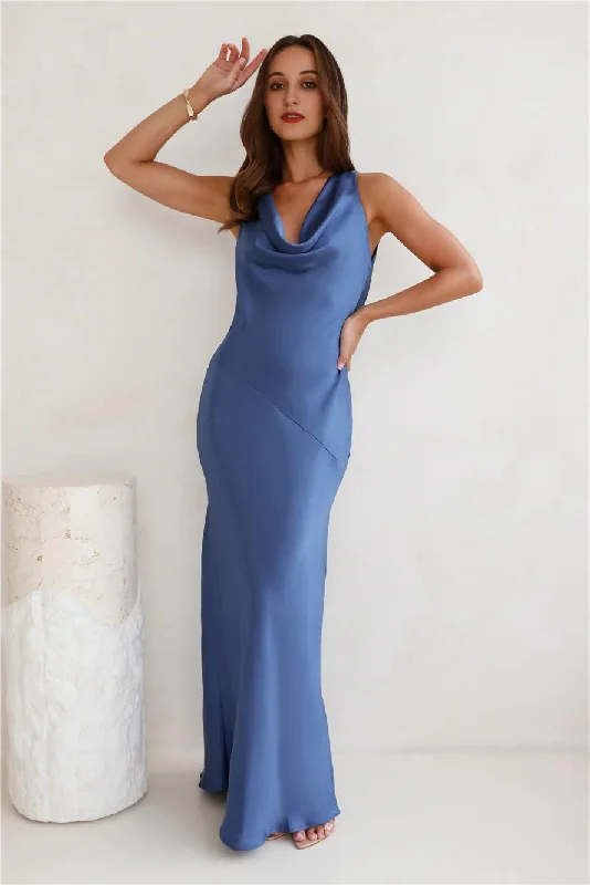 Women's Date Night Outfit Seen For You Cowl Neck Satin Maxi Dress Navy