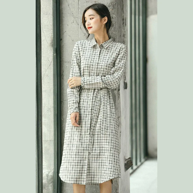 Women's Plus-Size Garments 2018 Plaid fall casual linen dress baggy turn-down Collar linen dress