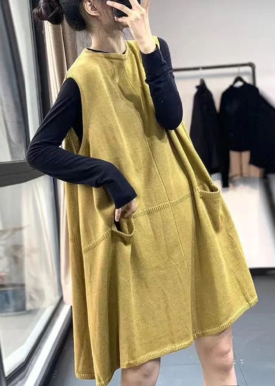 Women's High-Fashion Attire Loose Yellow O Neck Pockets Knitting Cotton Mid Dress Sleeveless