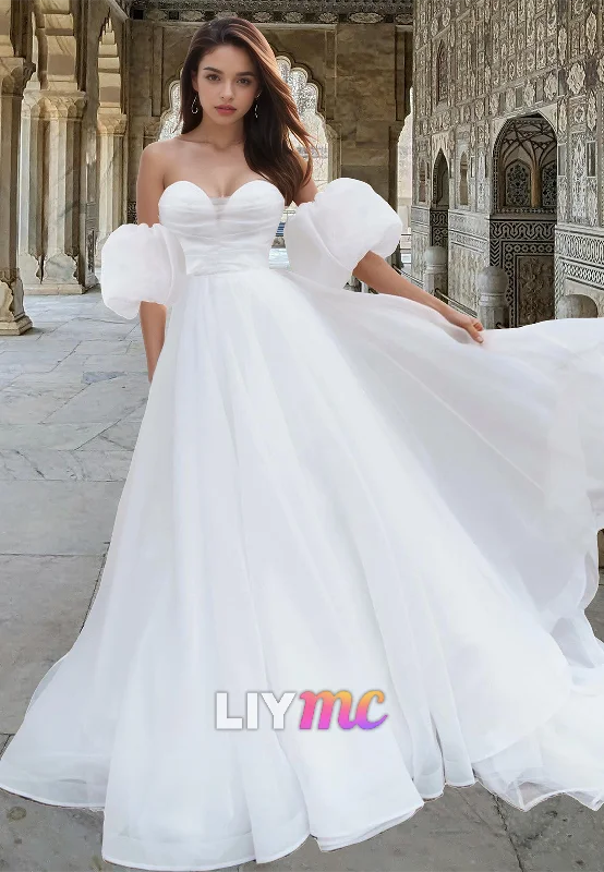 Women's Transitional Attire LW014 - A line Sweetheart Short Sleeves Simple Wedding Dress with Sweep Train