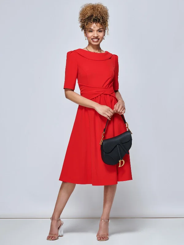 Women's Elegant Garments Beckie Fold Over Detail Flared Dress, Red