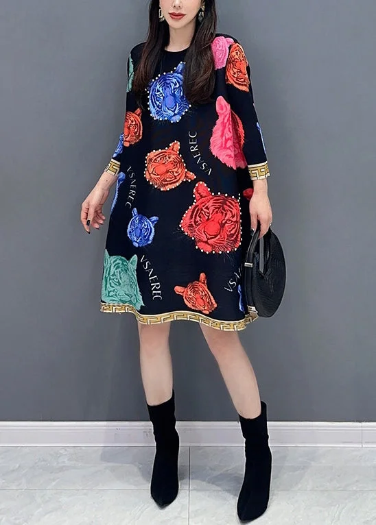 Comfortable Garments For Women Women Black O Neck Print Cotton Mid Dress Spring