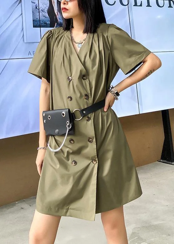 Women's Comfy Attire For Lounging DIY army green Wardrobes v neck Double row buttons Dress