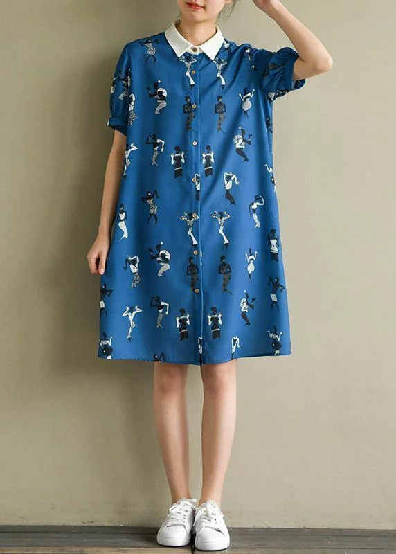 Women's Comfy Attire For Lounging Bohemian dark blue print dress lapel lantern sleeve A Line summer Dresses