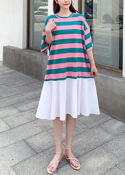 Women's Athletic Garments Loose red green striped dresses o neck Ruffles cotton summer Dress