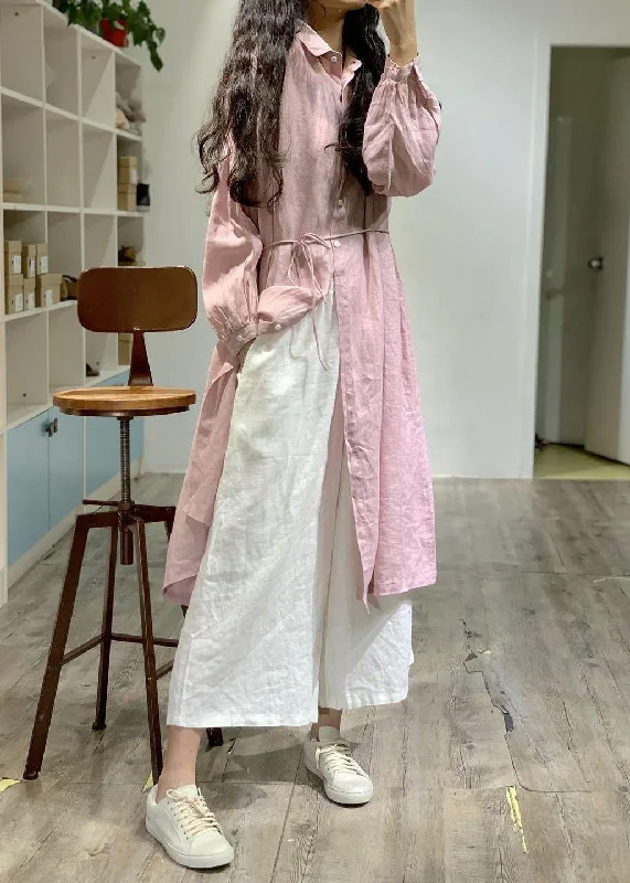 Women's Outdoor Attire Modern pink lapel collar linen dresses long sleeve baggy fall Dress