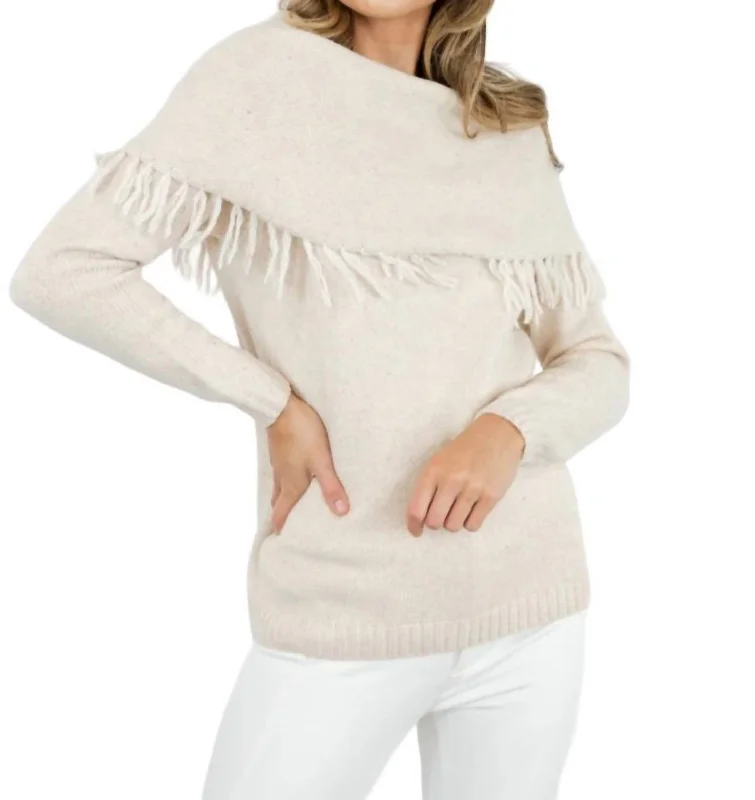 Plus-Size Women's Garments Fringed Cowl Neck Sweater In Ecru