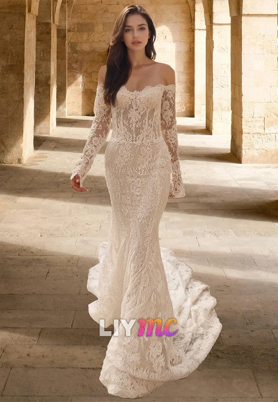 Comfortable Outfit For Women Off-Shoulder Long Sleeves Lace Appliques Mermaid Wedding Dress