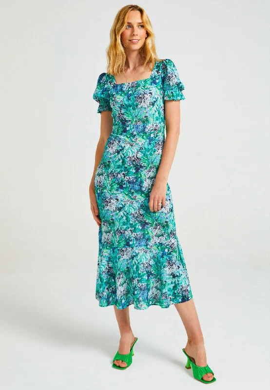 Women's Workout Garments Square Neck Long Tea Dress In Tropical Print