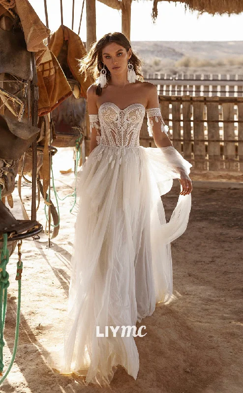 Formal Attire For Women LW082 - A Line Sweetheart Strapless Lace Tulle Feather Long Boho Beach Wedding Dress