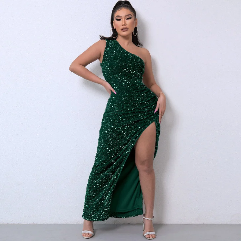 Women's Plus-Size Casual Outfit Shimmery Sequin High Split One Shoulder Gown Maxi Dress - Emerald Green