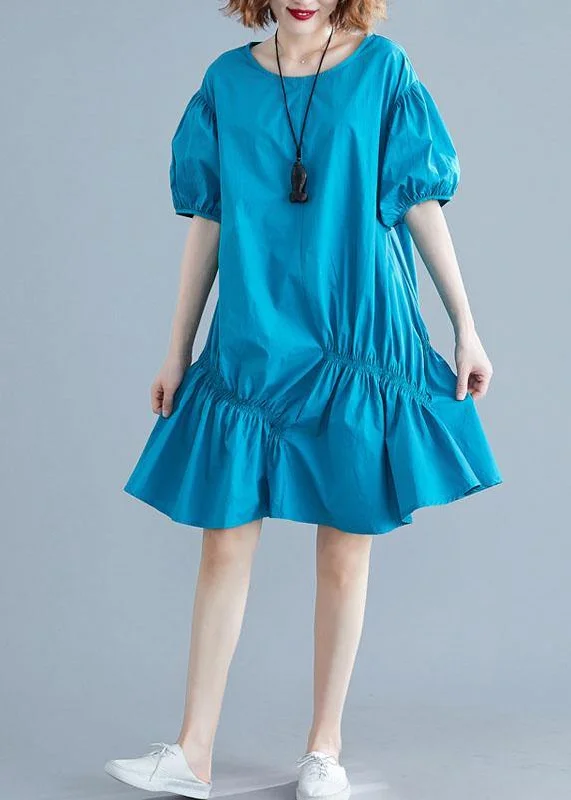 Women's Outerwear Garments Modern blue Cotton Tunic o neck lantern sleeve oversized Dresses