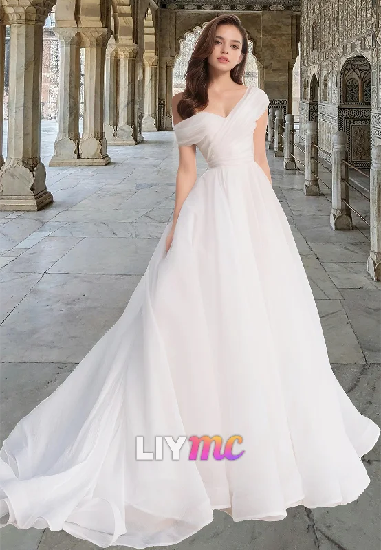 Women's Festive Attire LW015 - A line One Shoulder Organza Simple Wedding Dress with Court Train