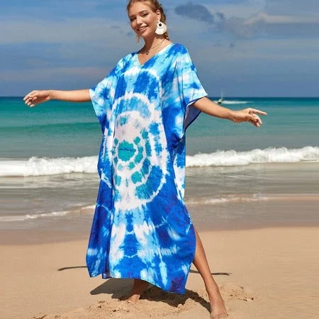 Stylish Women's Attire Blue & White Tie-Dye Hippie Dress