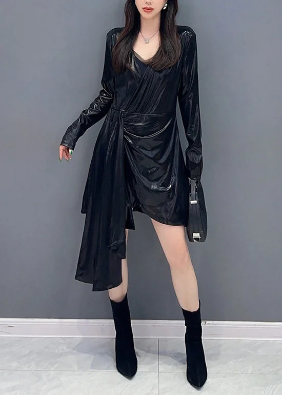 Elegant Women's Attire Black Solid Wrinkled Cotton Mid Dress V Neck Spring