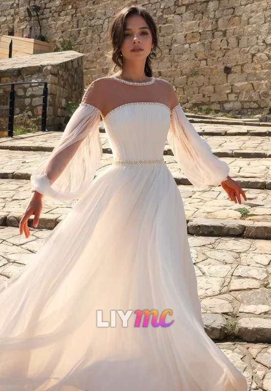 Formal Outfit For Women Scoop Long Sleeves Chiffon A-Line Boho Wedding Dress