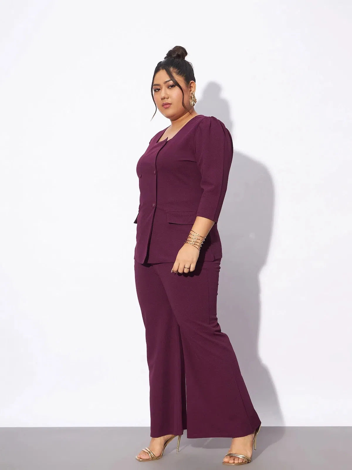 Women's High-Fashion Attire Women Burgundy Front Button Top With Straight Pants