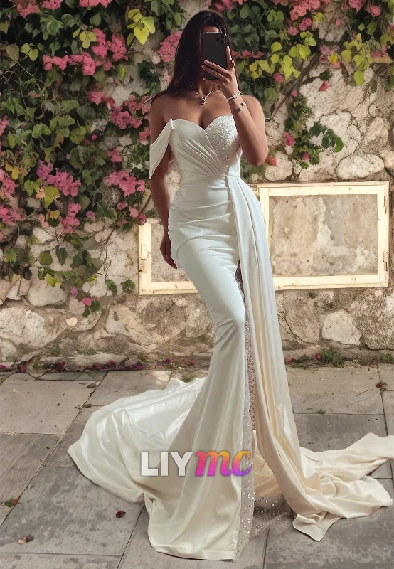 Women's Professional Garments LW451 - Off-Shoulder Asymmetrical Pleated Beaded Satin Ruched Mermaid Wedding Dress