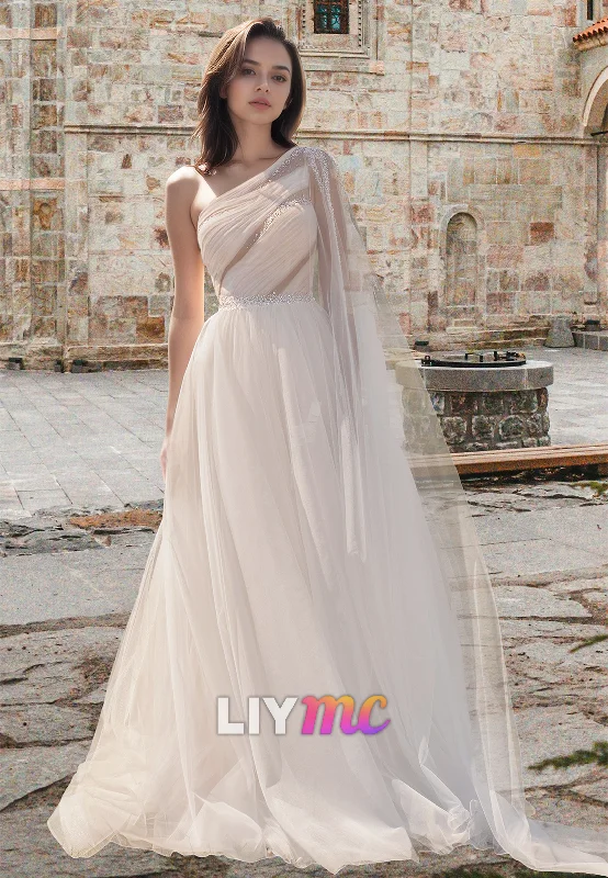 Women's Trendy Casual Outfit LW087 - A Line One Shoulder Beaded Sheer Pleated Tulle Long Wedding Dress