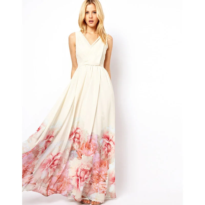 Women's Romantic Outfit Bohemian Sleeveless Deep V Neck Flower Print Long Dress