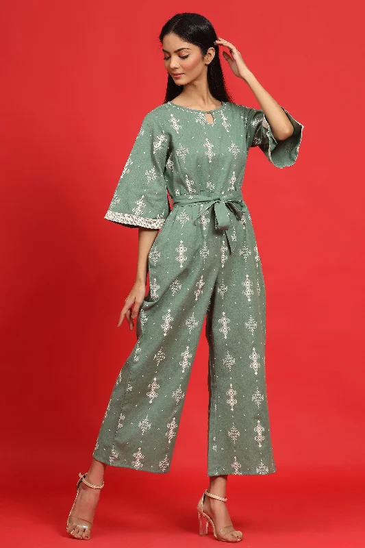 Formal Attire For Women Juniper Sage Green Geometric Printed Cotton Flex Jumpsuit With Zip Closure