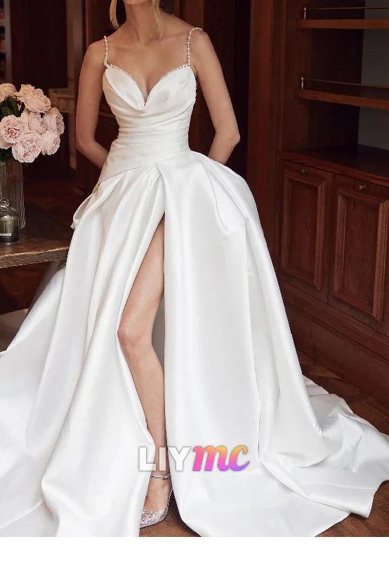 Women's Casual Garments LY955 - V-Neck Straps Pleated High Slit Satin Sweep Train Wedding Dress