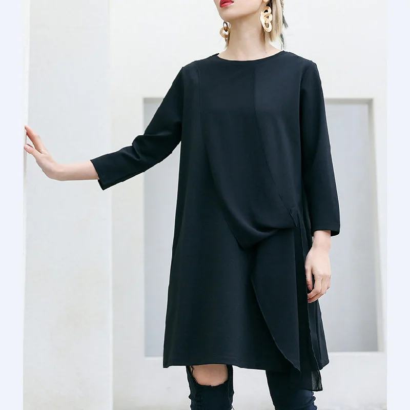 Women's Classic Outfit Loose Three Quarter sleeve Cotton Tunics Fun Tunic Tops black loose Dress