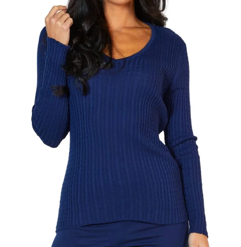 Women's Evening Wear Outfit Braided V-Neck Sweater In Navy