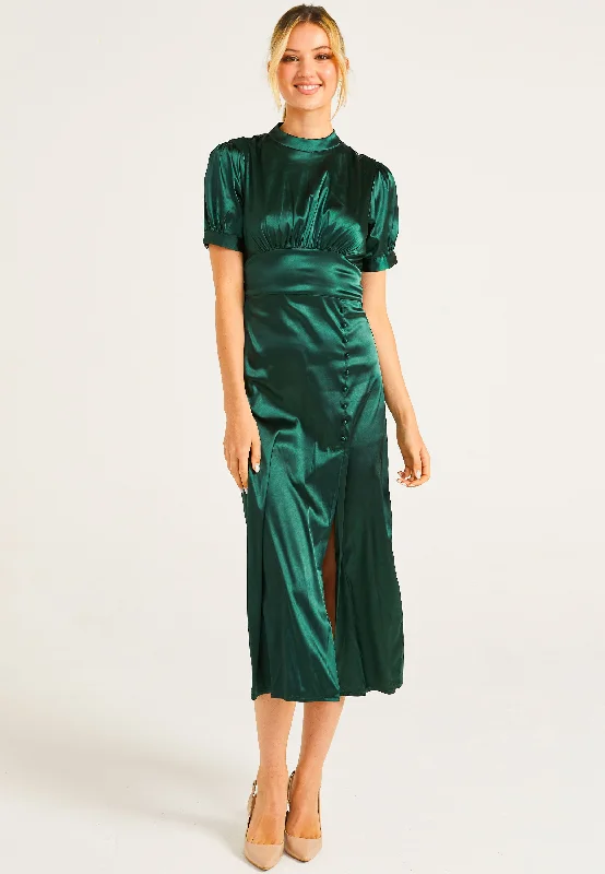 Women's Travel Attire Puff Sleeve Midi Dress With Leg Slit In Dark Green