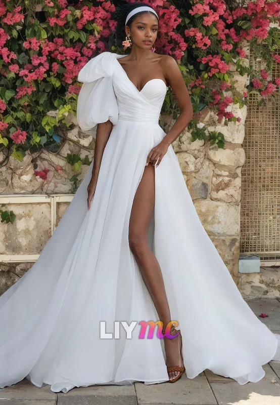 Women's Chic Outerwear Garments LW324 - A Line One Shoulder Pleats Elegant Wedding Dress with Slit