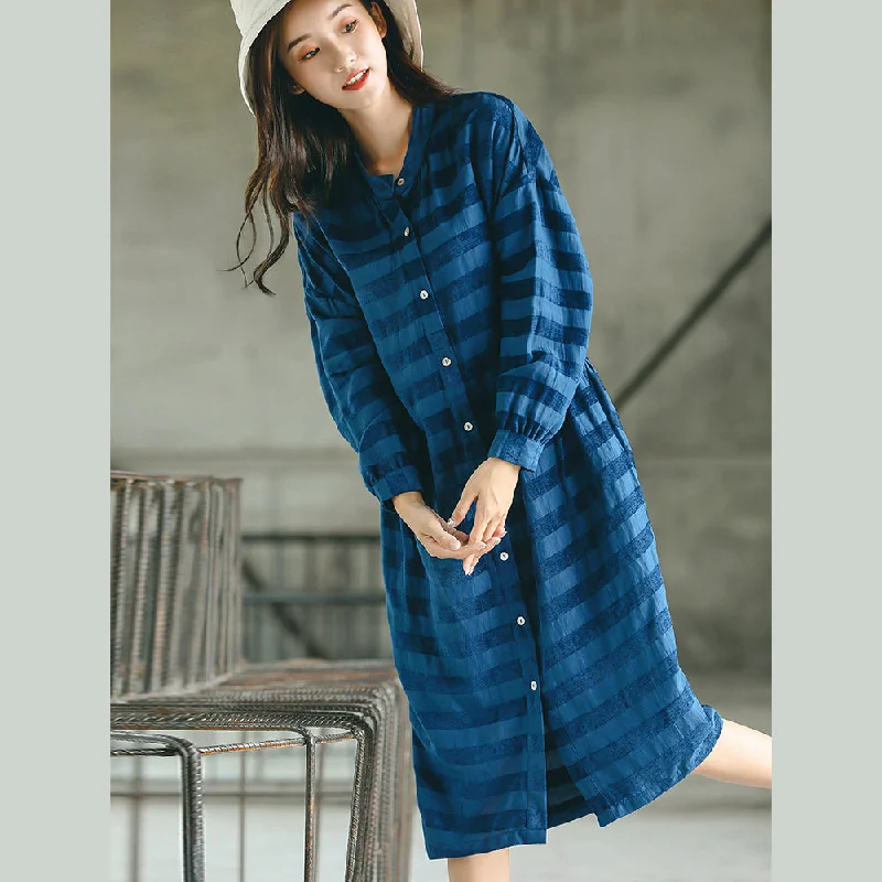 Affordable Luxury Women's Garments stylish blue striped oversized casual dress pockets Fine stand collar natural linen dress