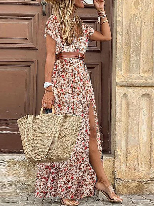 Women's Evening Wear Attire Bohemian Long Short Sleeve Printed V Neck Slit Dress