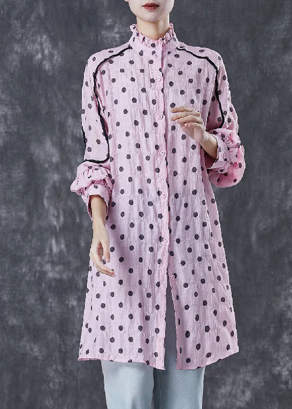 Women's Workout Garments Organic Pink Ruffled Collar Print Cotton Shirt Dress Spring