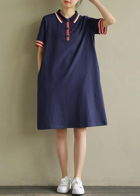 Women's Resort Attire Elegant lapel short sleeve Cotton dresses Sewing navy Dresses summer