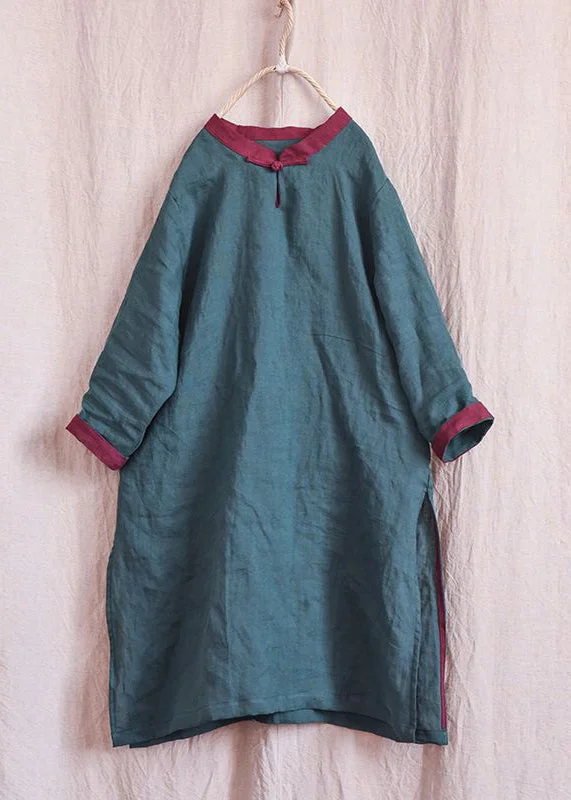 Women's Trendy Casual Outfit New Blackish Green Button Side Open Linen Mid Dress Spring