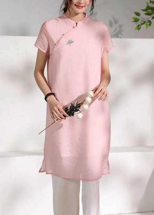 Women's Party Outfit Handmade pink stand collar embroidery Dress